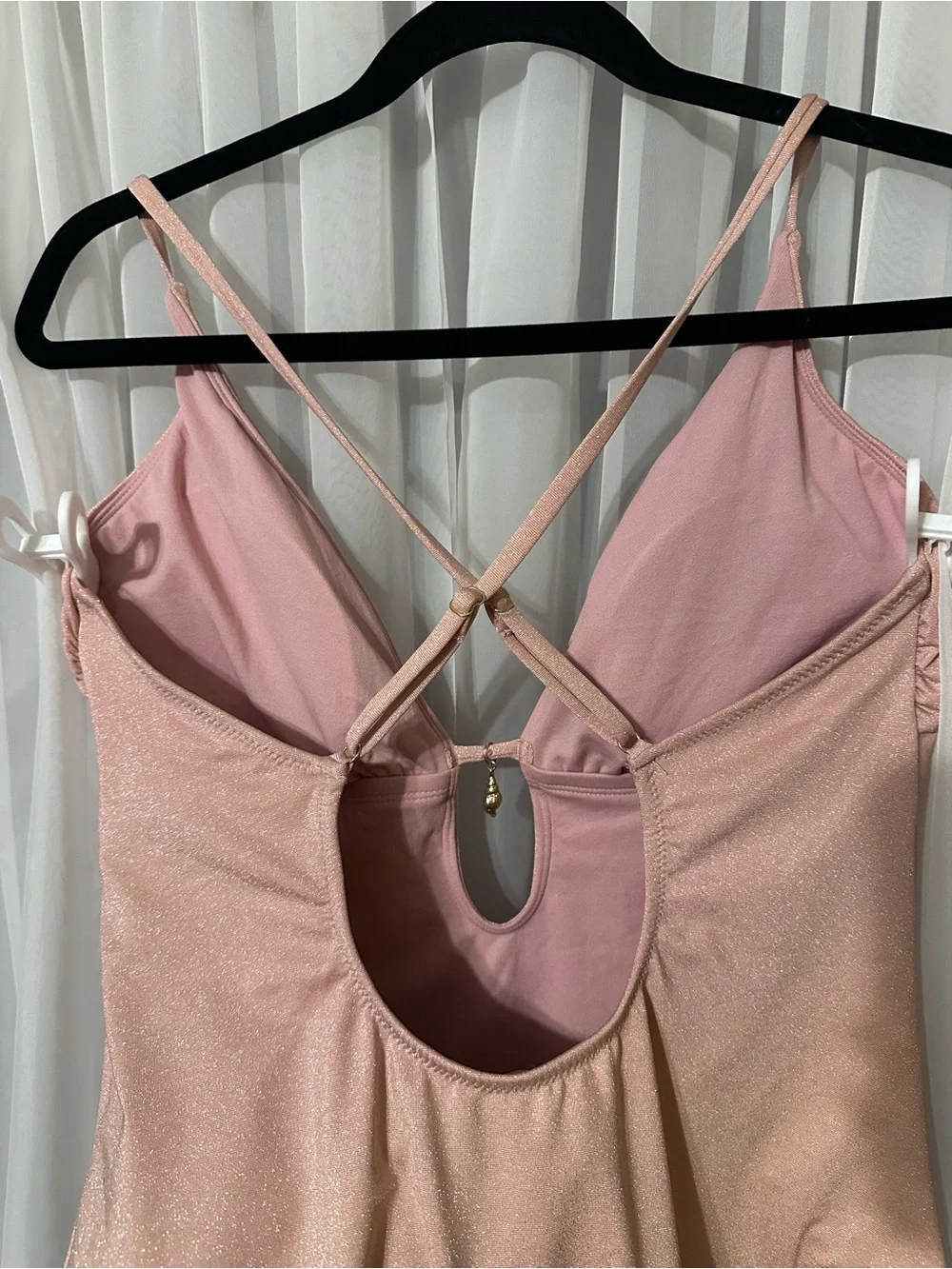 Shimmery Blush Pink Plunge Cross Back High Cut One-Piece Bodysuit Size 16